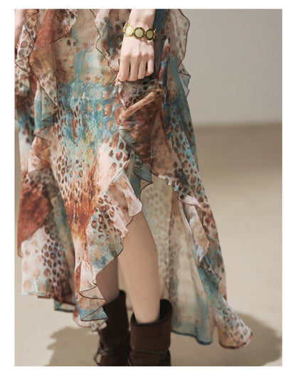 "She Never Looks Back" Peacock Blue Leopard Chiffon Maxi Dress