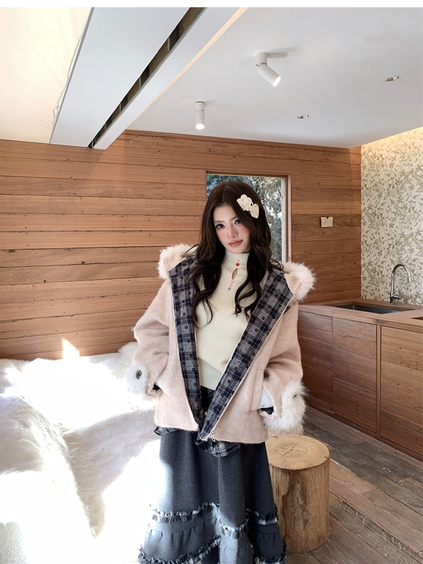 阮阮自制 - Soft Fog Apricot Pink Witch Hooded Wool Coat