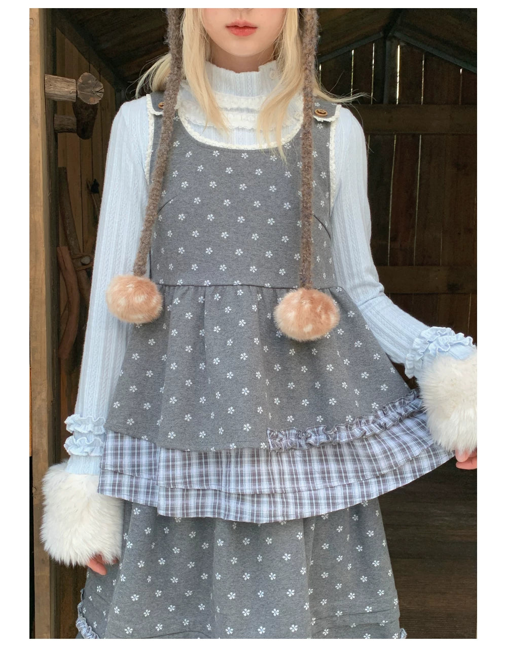 RF - Gray Floral Pinafore Top and Plaid Ruffle Skirt Set