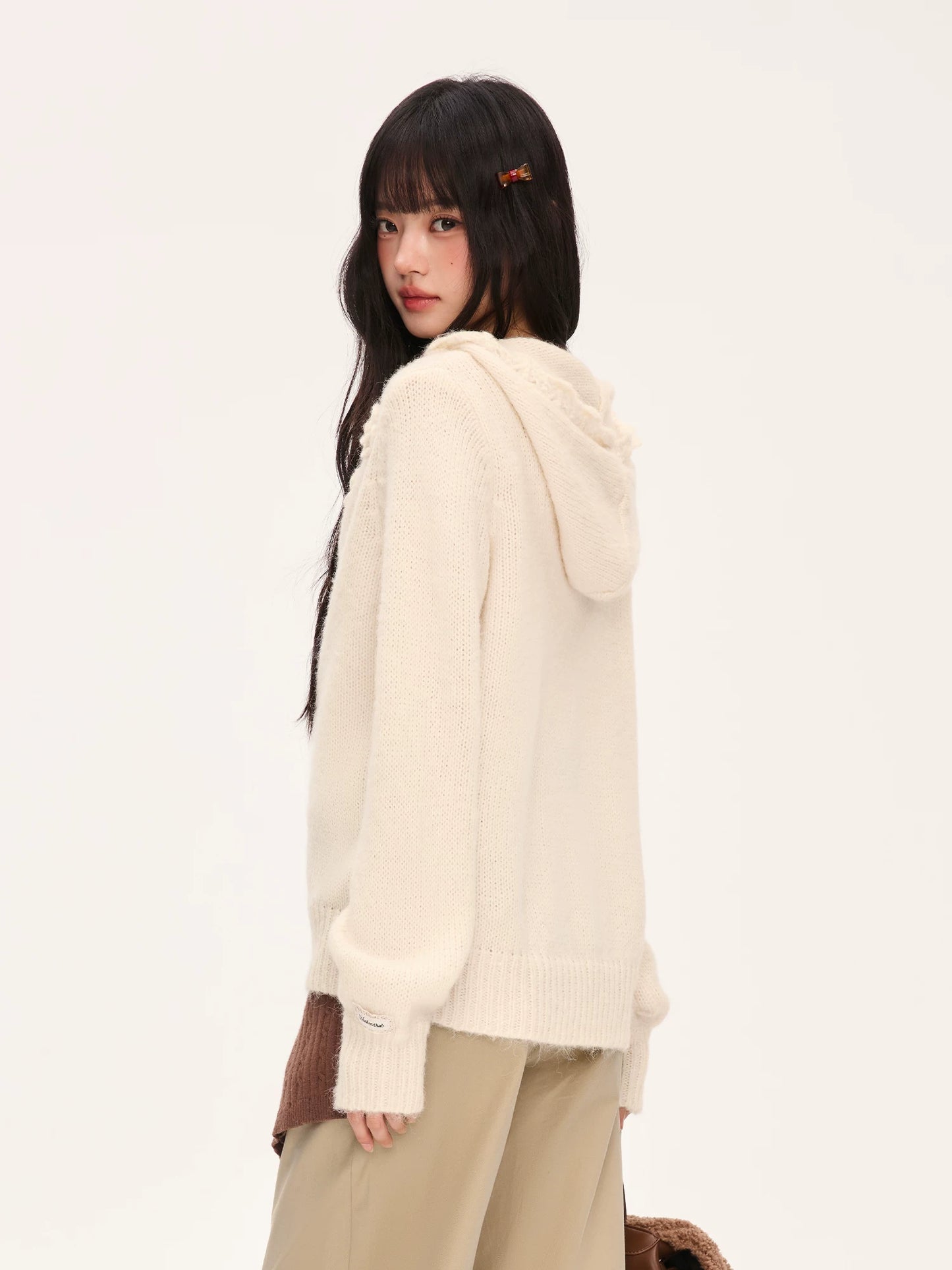 "Bloom Transit" Apricot Floral Hooded Knit Cardigan