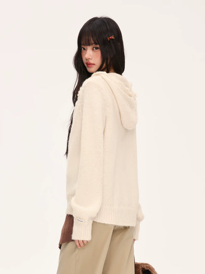"Bloom Transit" Apricot Floral Hooded Knit Cardigan