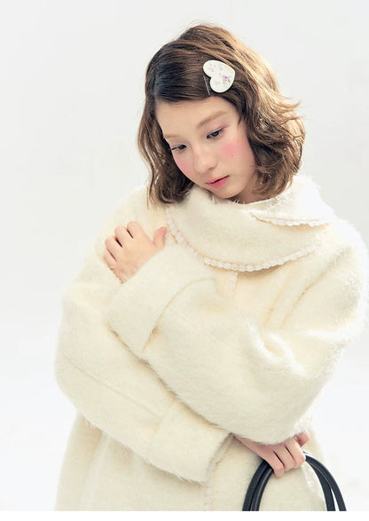 "Snow-Kissed Sakura" Ivory Wool-Blend Quilted Mid-Length Coat with Detachable Plush Flowers