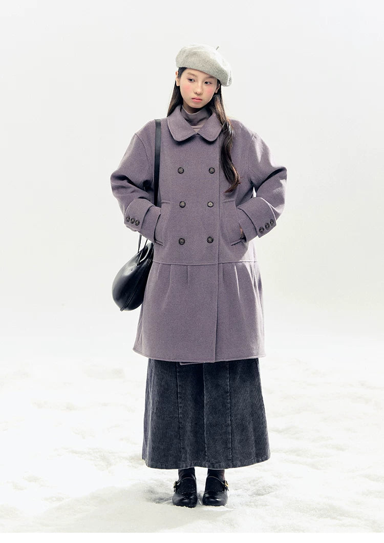 "Winter Chime" Double-Breasted Quilted Wool-Blend Coat (Smoky Purple/ Ash Gray)
