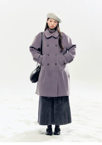 "Winter Chime" Double-Breasted Quilted Wool-Blend Coat (Smoky Purple/ Ash Gray)