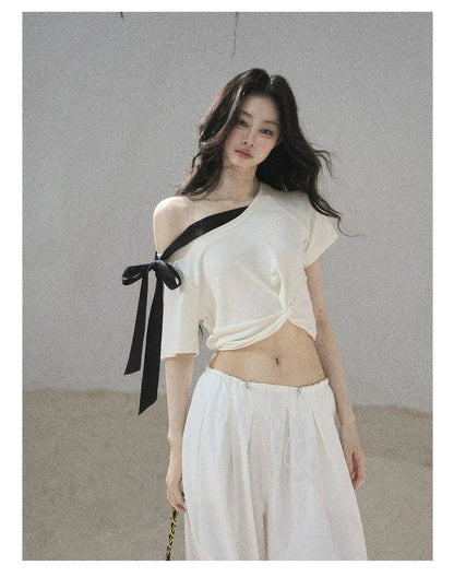 "Moonlight Upon Her" Creamy Apricot Off-Shoulder Twist Cropped T-Shirt