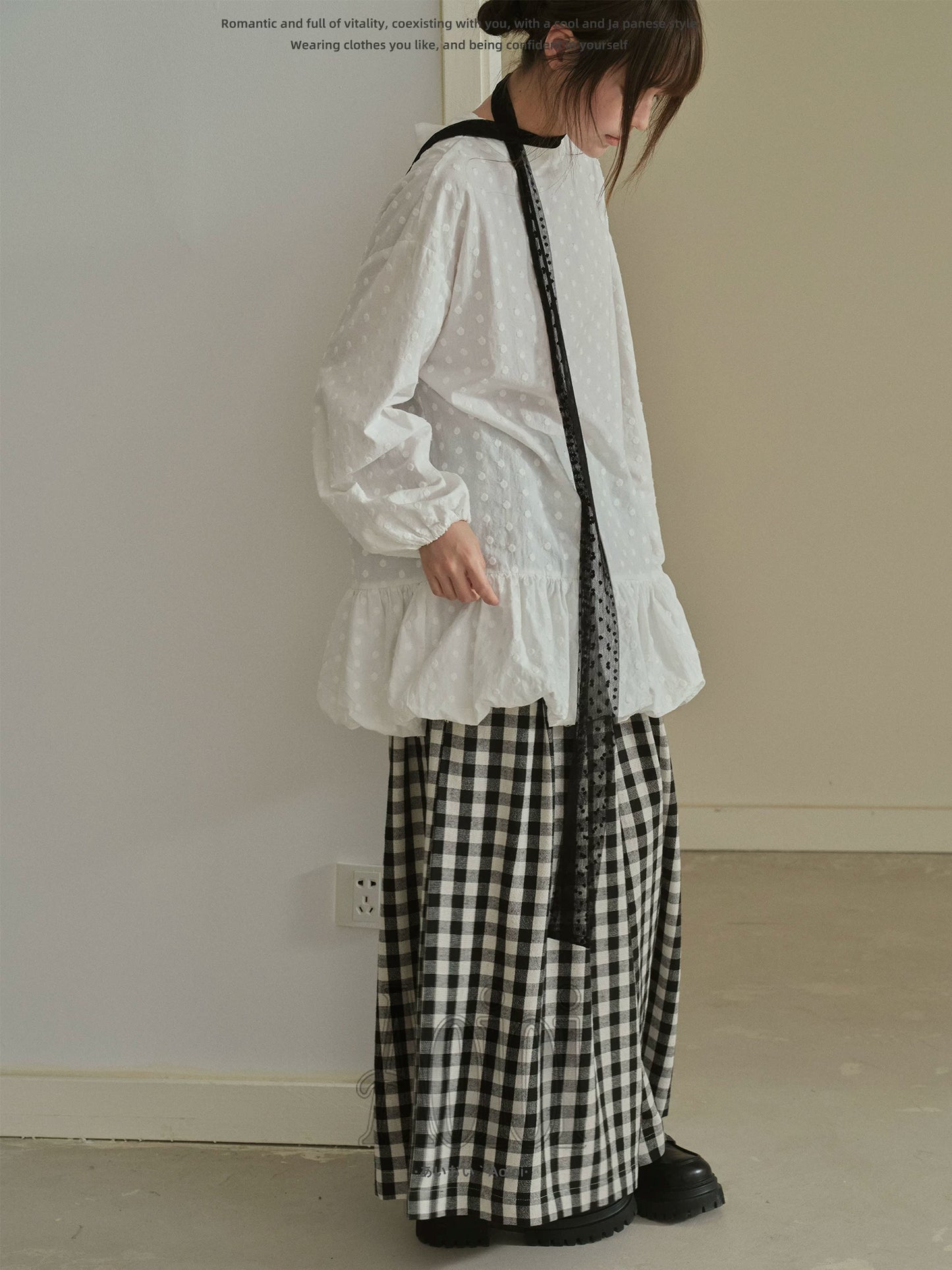 "Blooming Mist" White Textured Polka Dot Tie-Waist Bubble Midi Dress