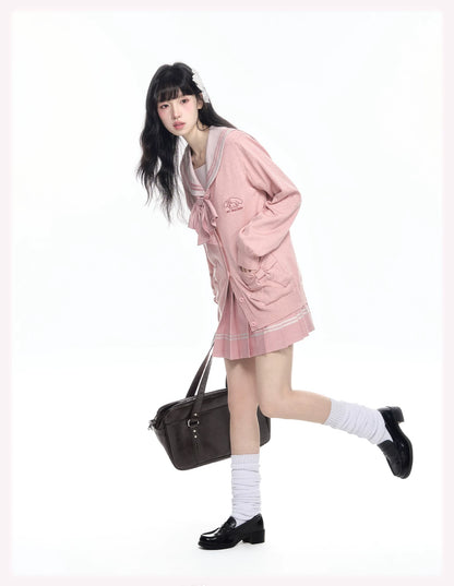 “Melody Blush” Pink Knit Cardigan & Sailor Uniform Set