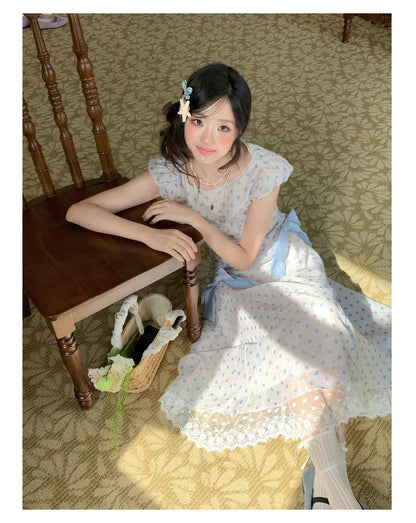 “Blue Mist Polka Reverie” Mist Blue Bow Lace Dress