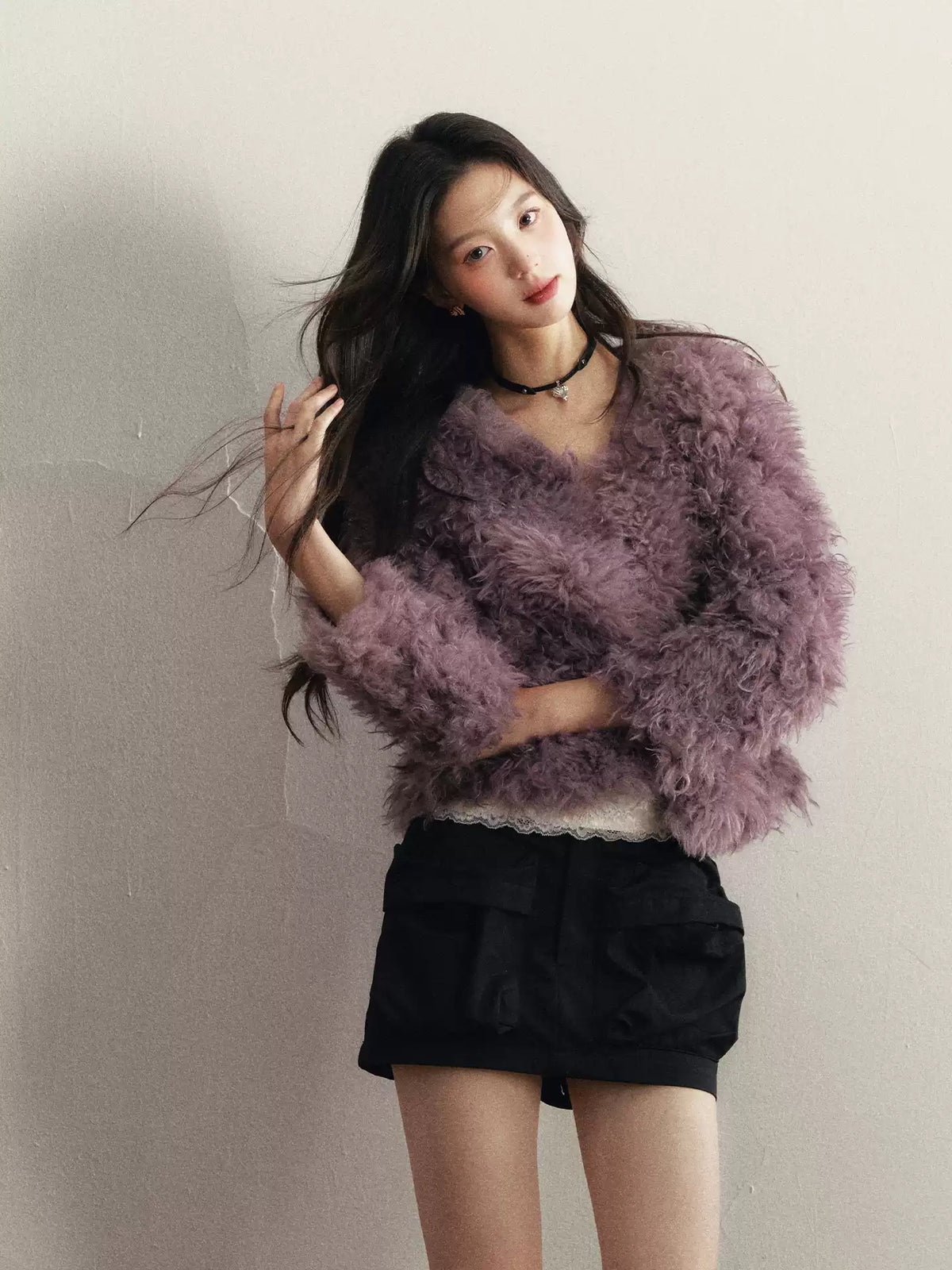 1P - Purple Faux Fur V-Neck Cropped Jacket
