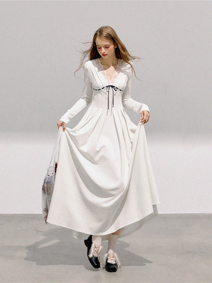 BOHOL BLING - French Romantic V-Neck Lace Trim Pleated Maxi Dress