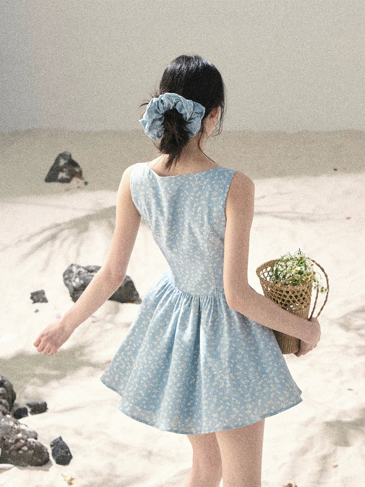 "Sage Summer" Haze Blue Lace Floral Puff Mini Dress