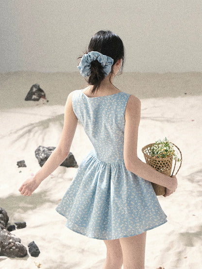 "Sage Summer" Haze Blue Lace Floral Puff Mini Dress