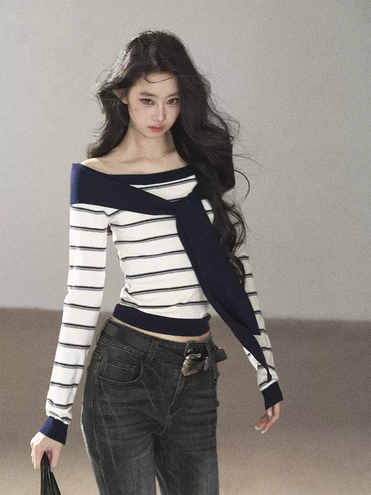 AOMALM - Ivory Stripe Faux-Layered Knit Top with Shoulder Ties
