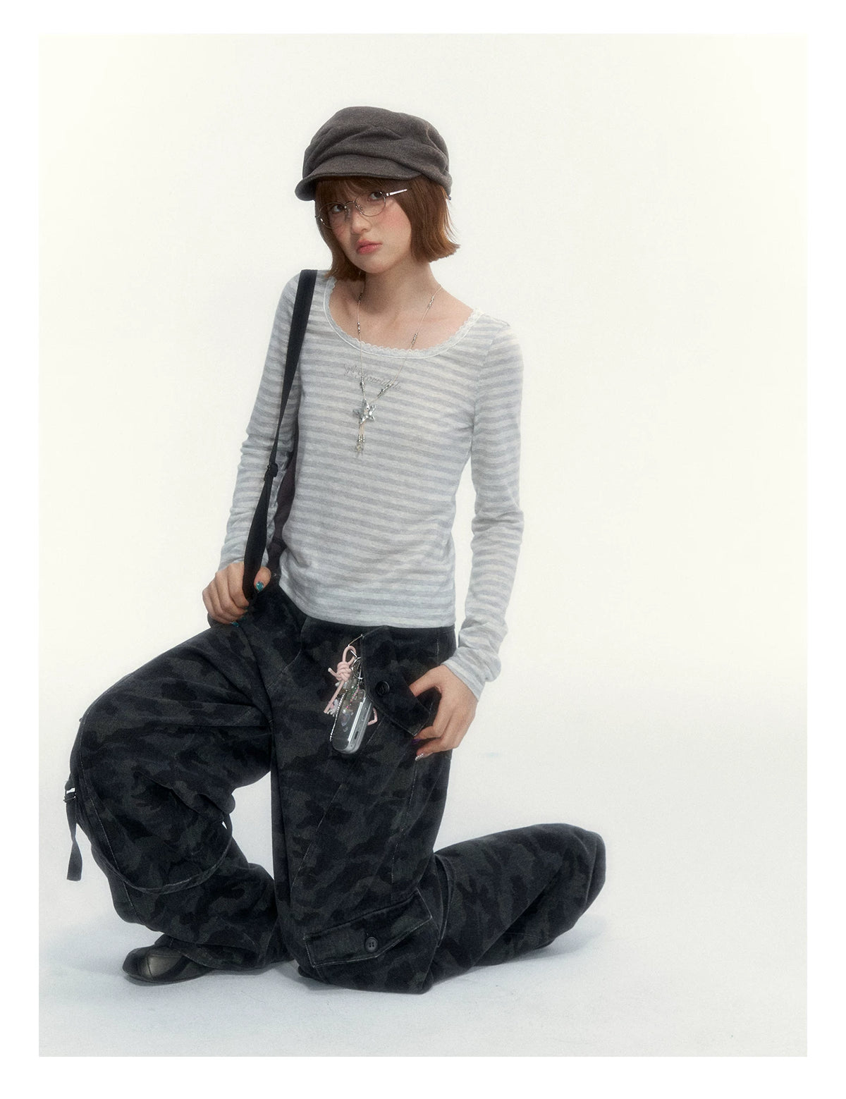 “Early Gray” Light Gray Striped Lace-Trimmed Fitted Long-Sleeve Top