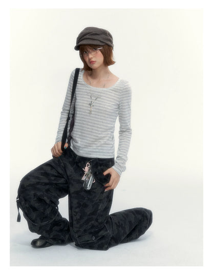“Early Gray” Light Gray Striped Lace-Trimmed Fitted Long-Sleeve Top