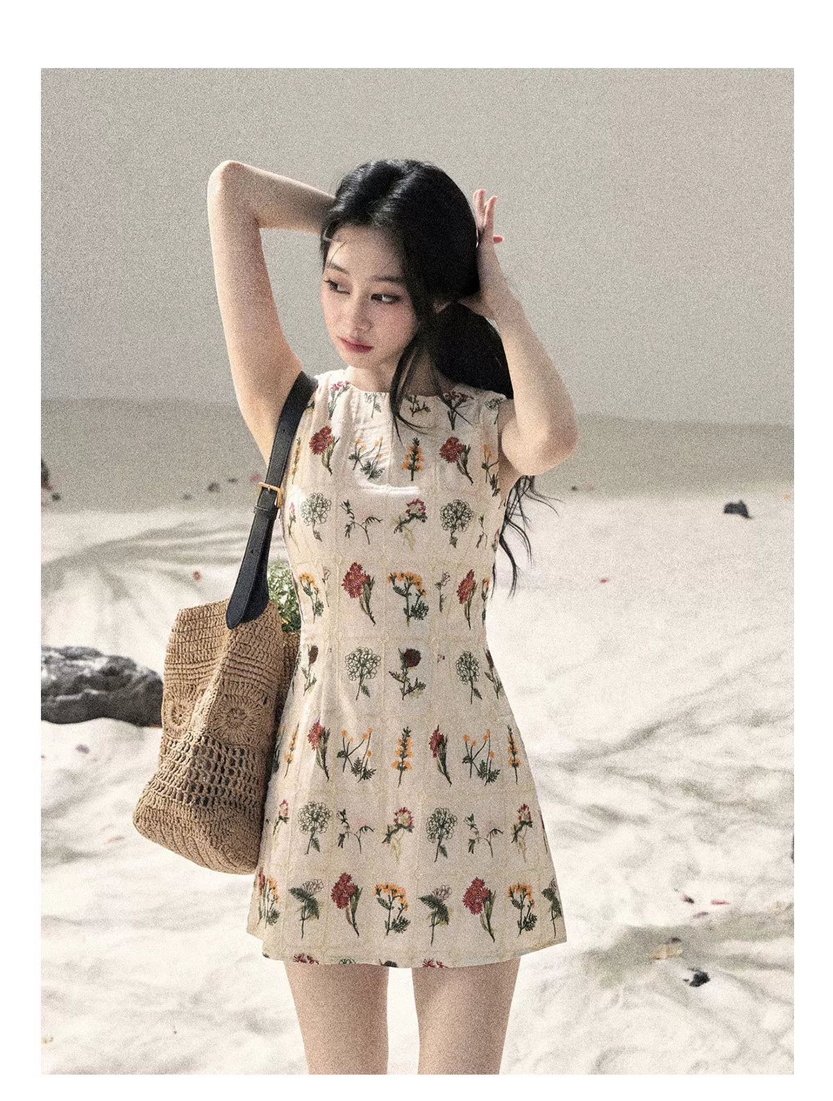 "Wildflower Daydream" Dutch Cream Embroidered Mini Dress - Sleeveless 45684