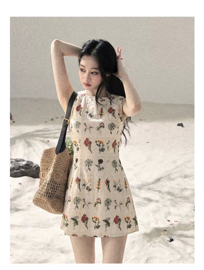 "Wildflower Daydream" Dutch Cream Embroidered Mini Dress - Sleeveless 45684