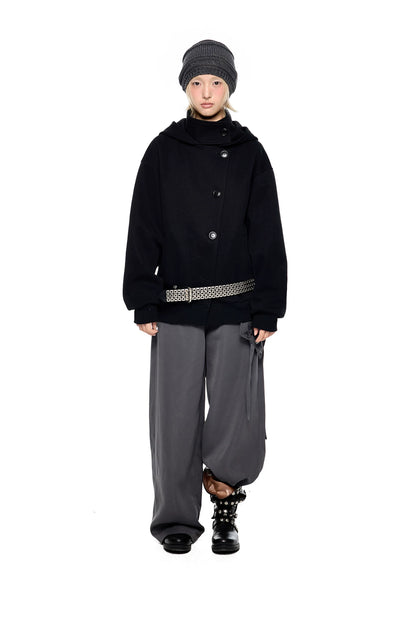 EZEK | Preppy Hooded Wool Blend Jacket with Button Front