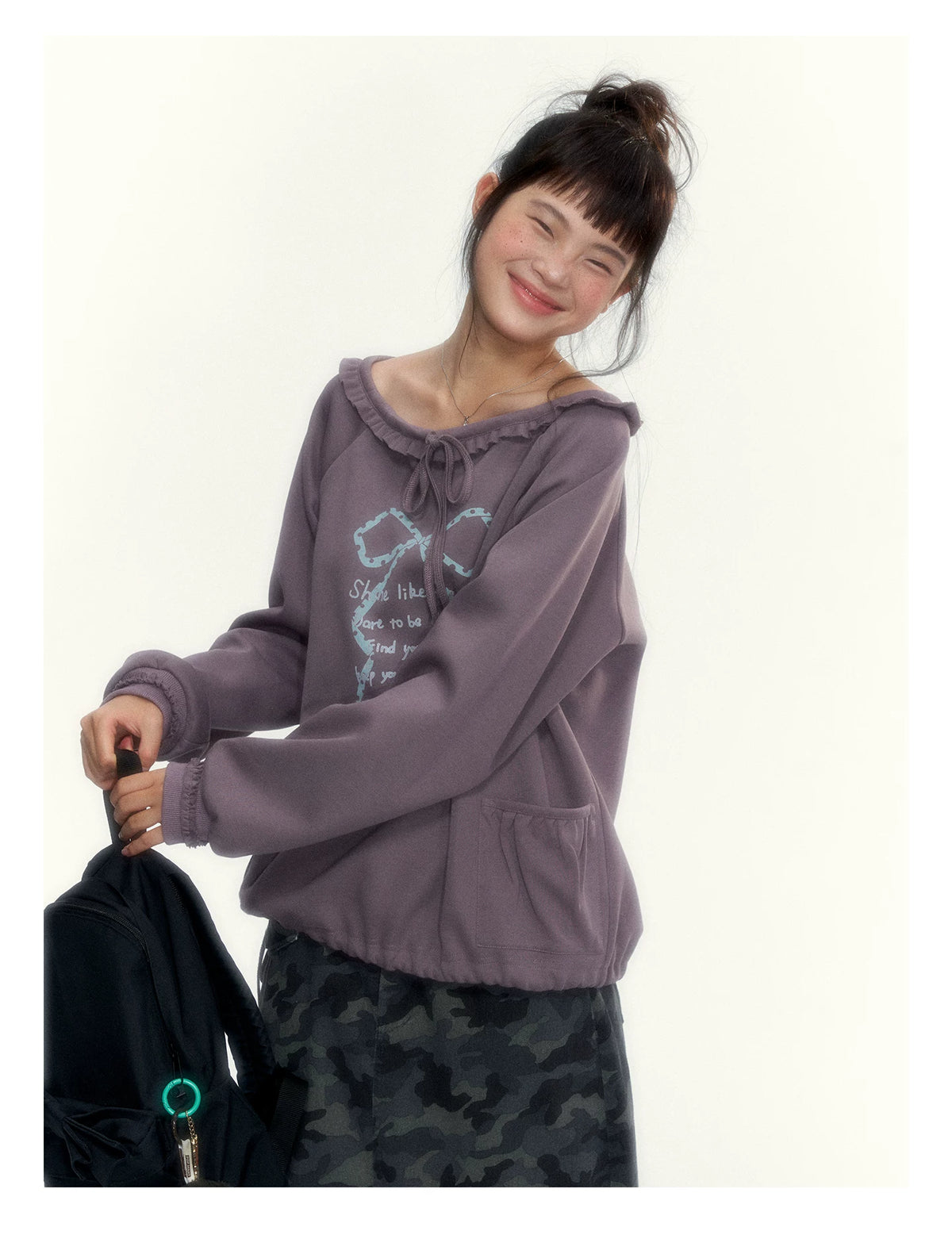 Deep Purple Bow-Tie Lettuce-Trim Off-Shoulder Sweatshirt
