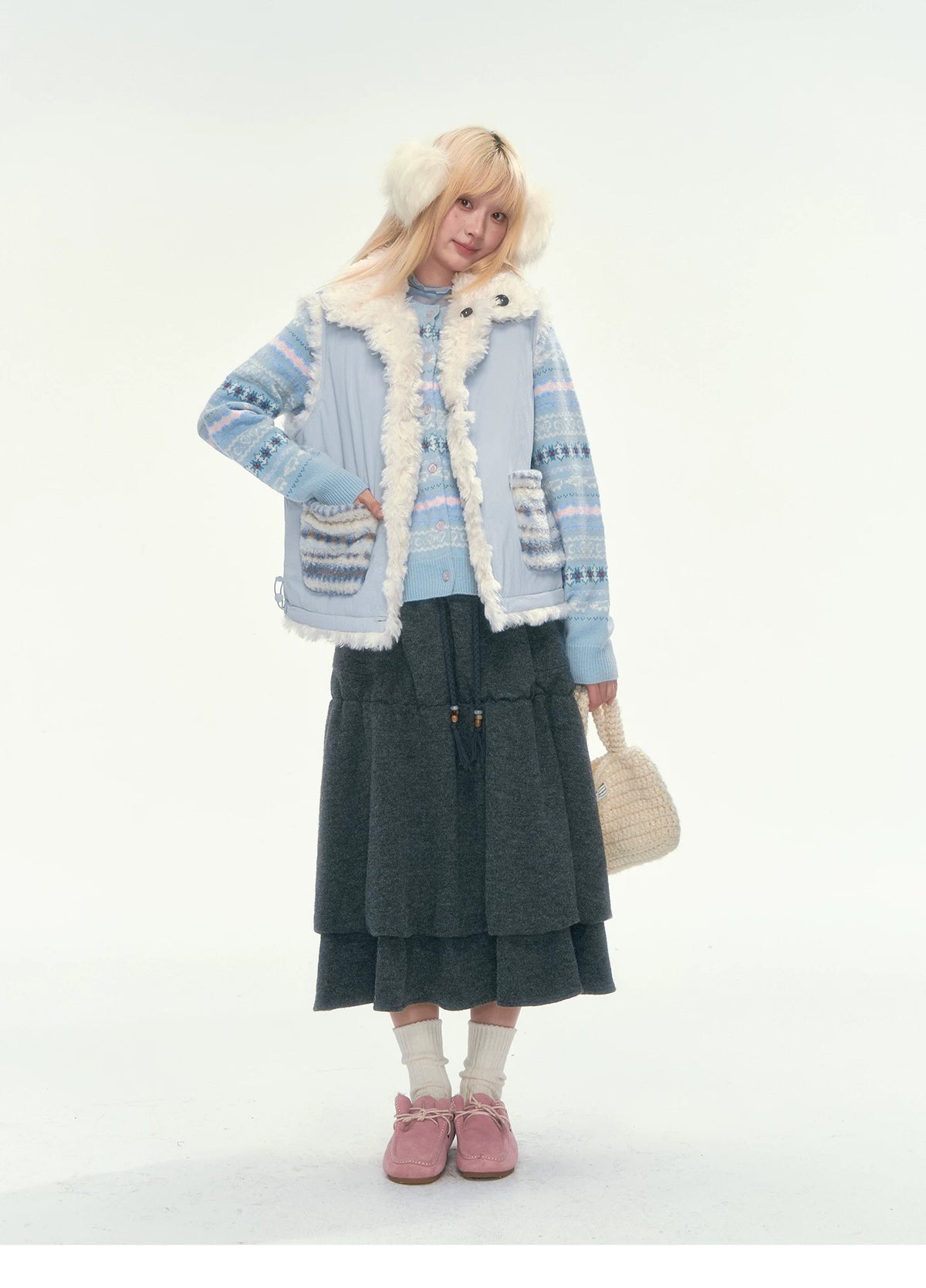 [CAN] Blue Fair Isle Cropped Wool Cardigan (100% Sheep Wool)