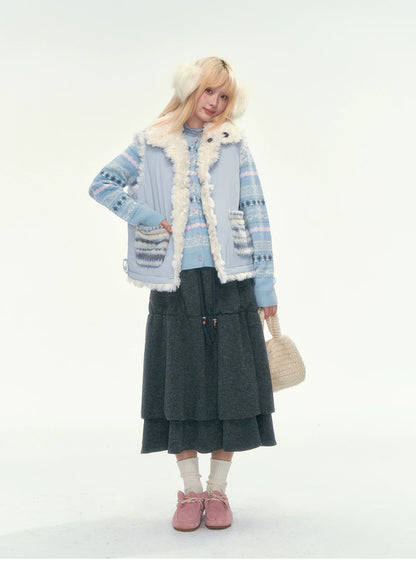 [CAN] Blue Fair Isle Cropped Wool Cardigan (100% Sheep Wool)