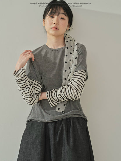 "Lazy Echo" Layered Stripe Long Sleeve Knit T-Shirt (Black Stripe / Gray Stripe)
