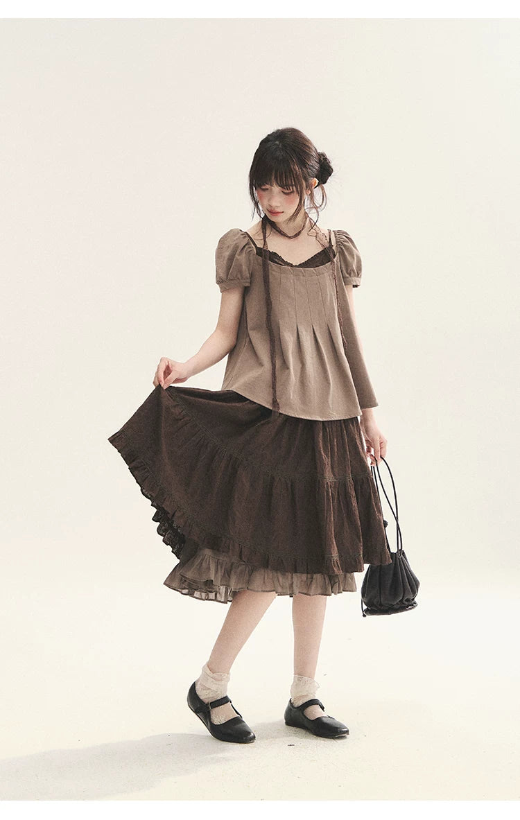 "Tea Brown Reverie" Tea Brown Off-Shoulder Puff Sleeve Knit Top