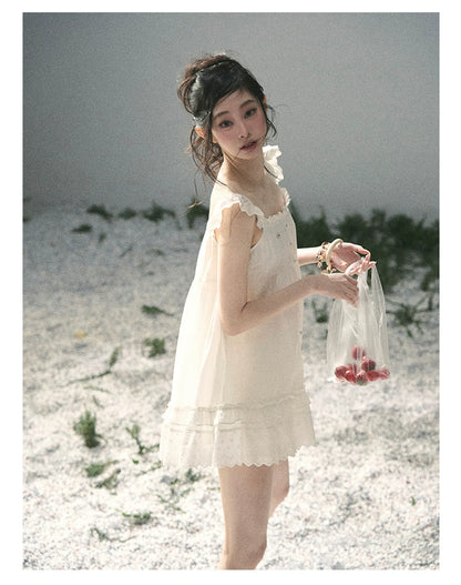 "Shimmer Along the Hem" Cloud White Lace Flutter Sleeve Babydoll Mini Dress 53413