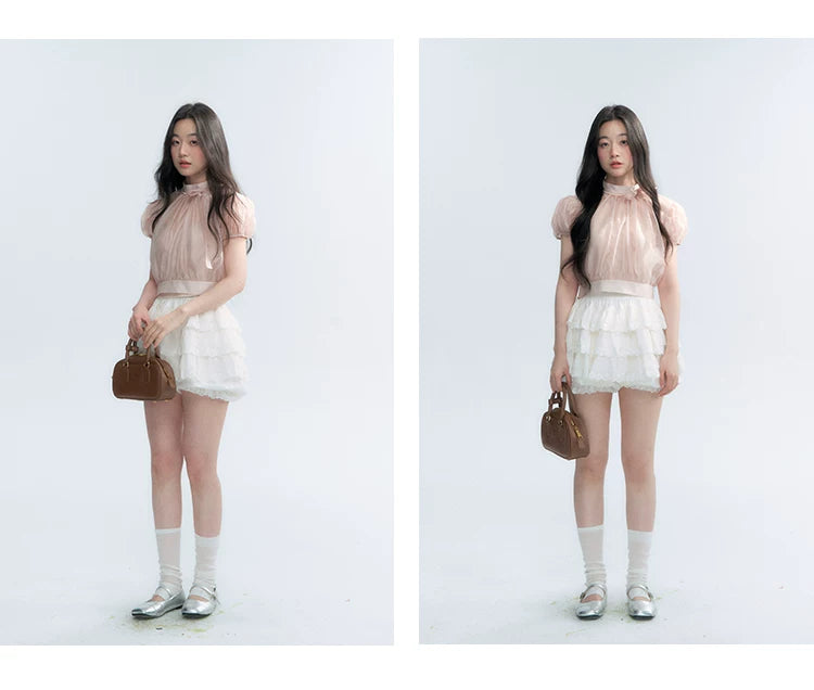 Vintage Stand Collar Bow Puff Sleeve Waist-Cinching Blouse with Knit Cami Set