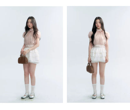 Vintage Stand Collar Bow Puff Sleeve Waist-Cinching Blouse with Knit Cami Set