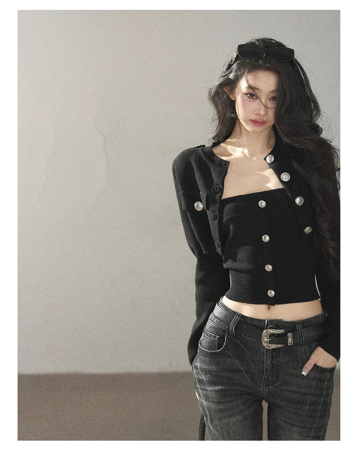 AOMALM - "You in the Night Sky" Black Cropped Knit Cardigan & Bandeau Set