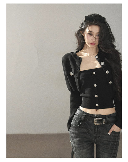 AOMALM - "You in the Night Sky" Black Cropped Knit Cardigan & Bandeau Set