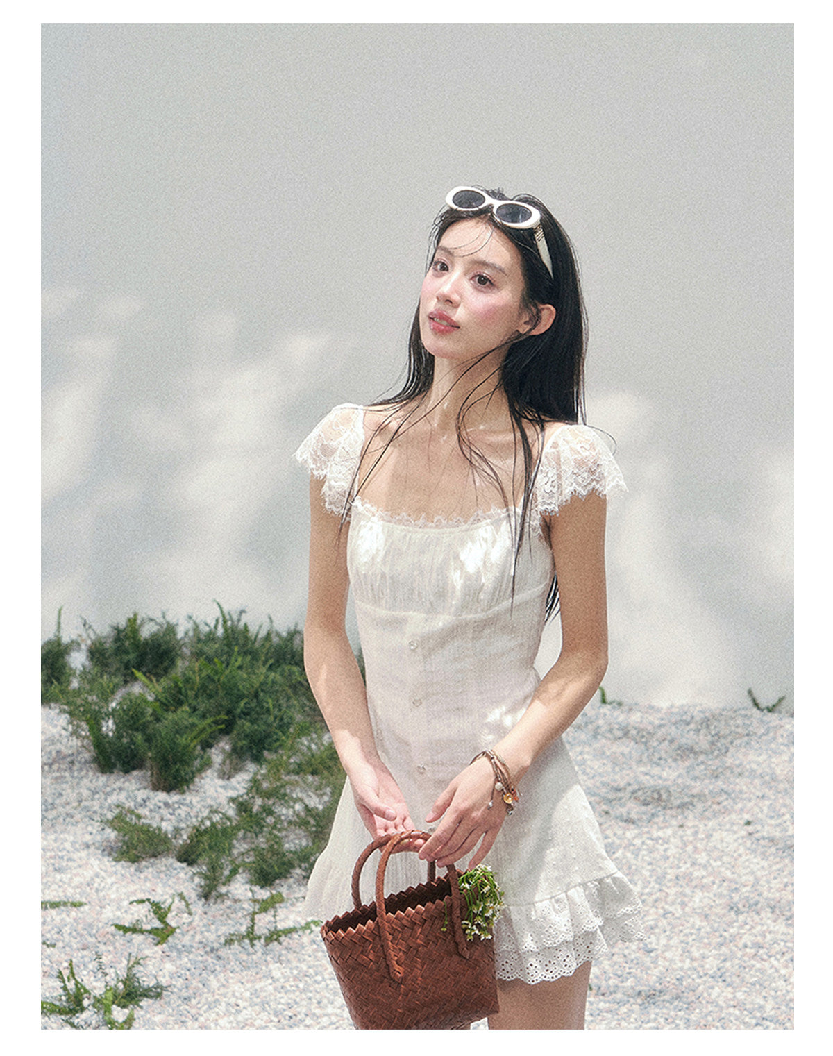 “Summer Tide Reverie” Lace Trim Puff Mini Dress