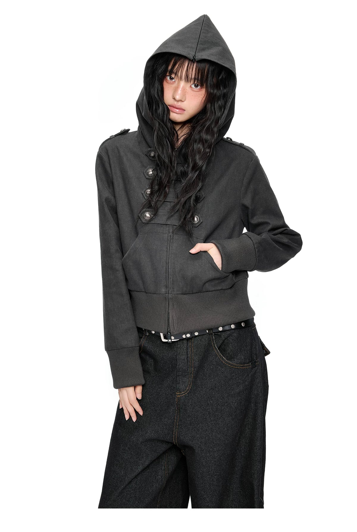 EZEK | Cropped Hooded Sweatshirt Jacket with Double Metal Snap Closure (Black / Gray)