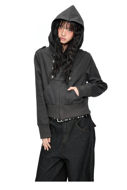 EZEK | Cropped Hooded Sweatshirt Jacket with Double Metal Snap Closure (Black / Gray)