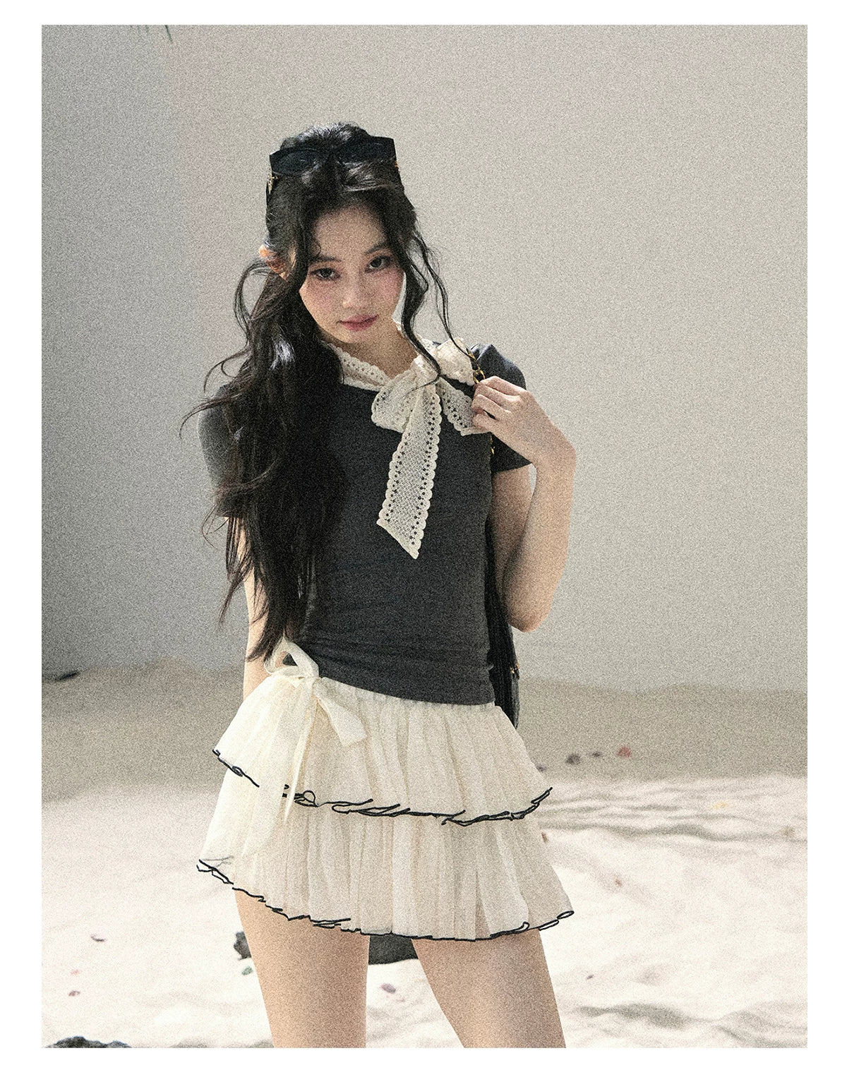 "Shadows & Soft Clouds" Slate Gray Bow Accent Crop Top