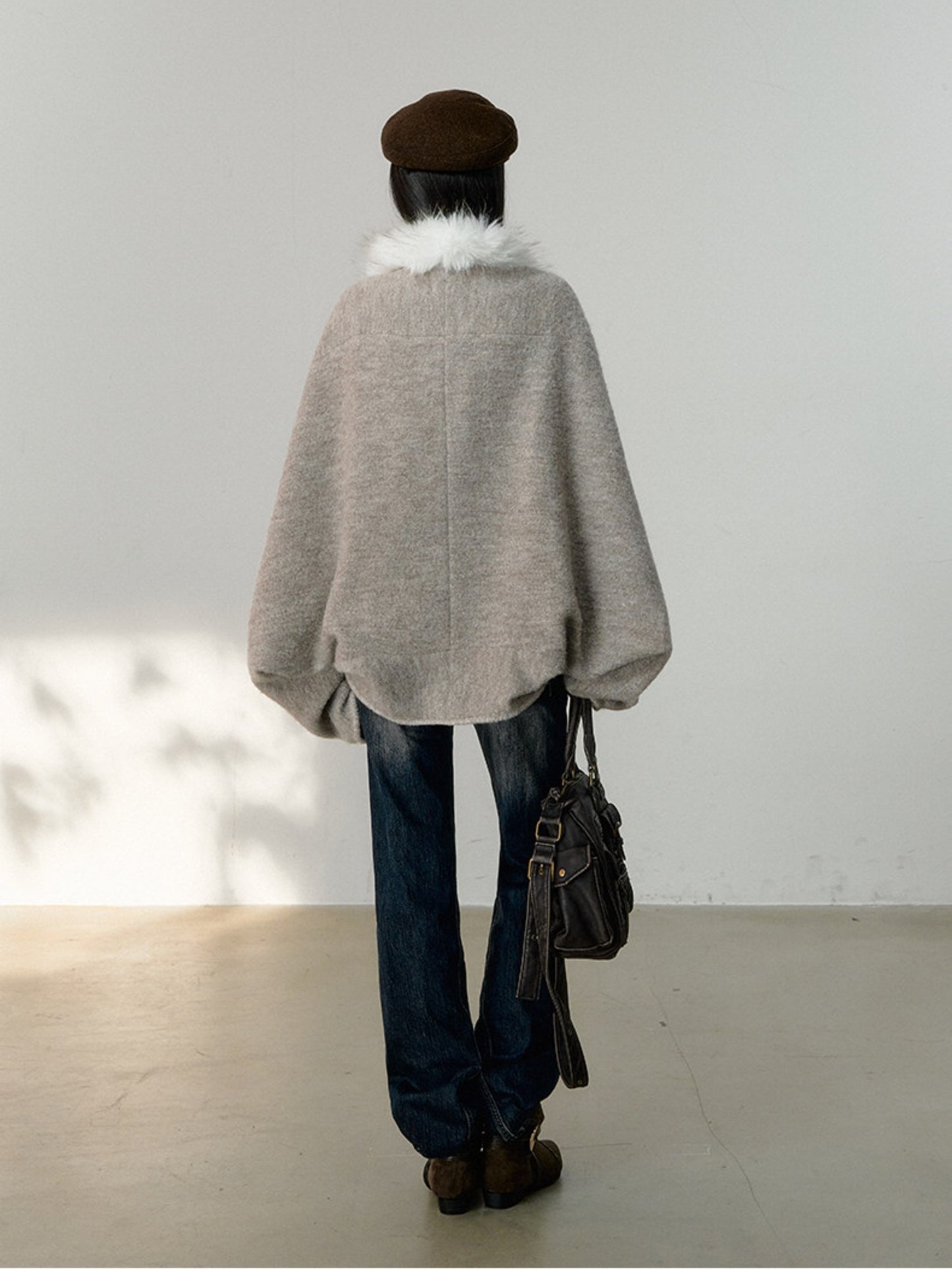 Soote Season - Lazy Cocoon Faux Fur Collar Batwing Wool Coat