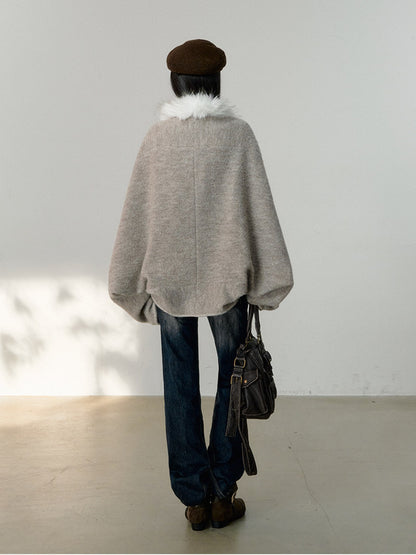 Soote Season - Lazy Cocoon Faux Fur Collar Batwing Wool Coat