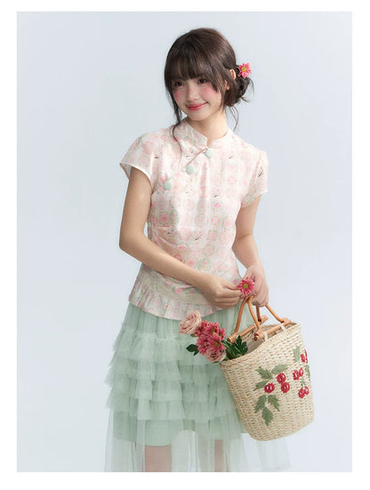 "Lime Mille-Feuille Glow" Peach Mist Chinese-Inspired Short Sleeve Top & Lime Green Tulle Tiered Skirt Set