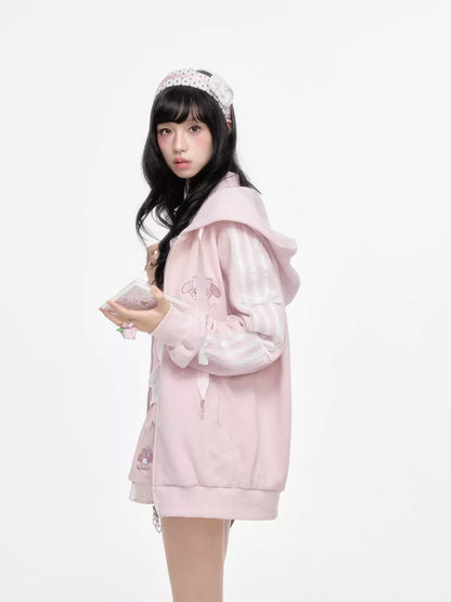KYOUKO - Pink Embroidered Hooded Zip-Up Jacket