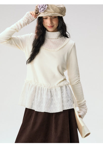 [CAN] “Cream Cloud” Ivory Lace Ruffle High-Neck Top