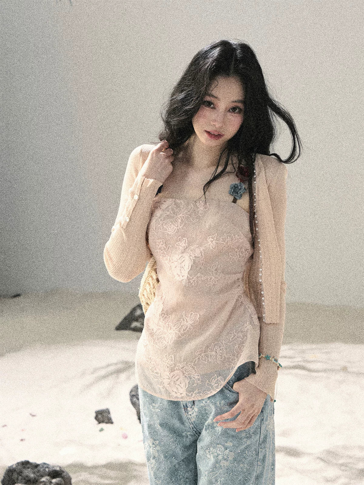 "Begonia in the Evening Breeze" Lotus Pink Embroidered Floral Cami Top