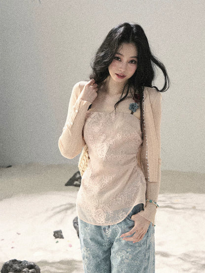 "Begonia in the Evening Breeze" Lotus Pink Embroidered Floral Cami Top