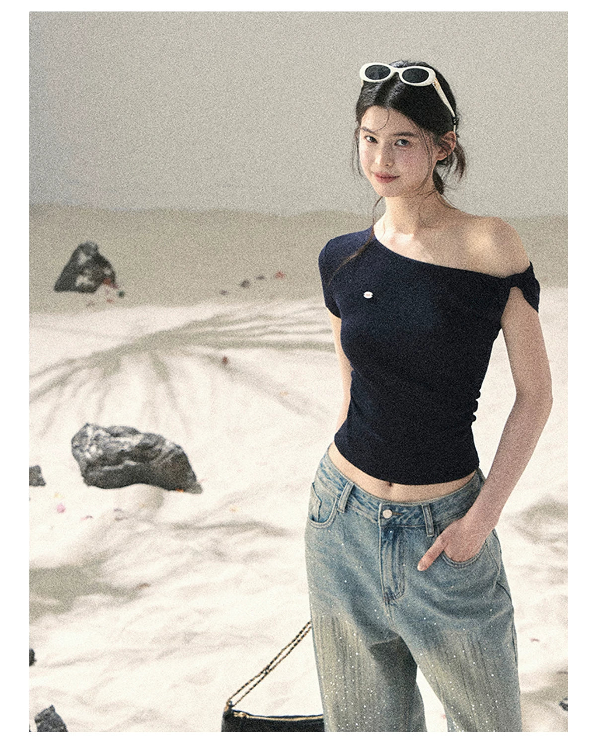 "Shape of the Wind" Navy Blue One-Shoulder Twist Crop Top 6556585