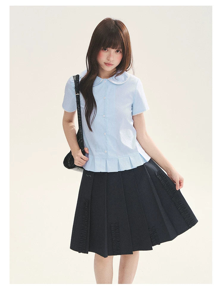 "Citrus Sea Salt" Stripe Lace Peter Pan Collar Pleated Shirt (White Blue / Blue White)