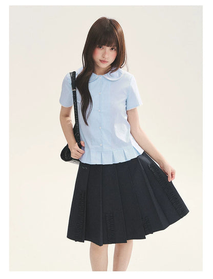 "Citrus Sea Salt" Stripe Lace Peter Pan Collar Pleated Shirt (White Blue / Blue White)