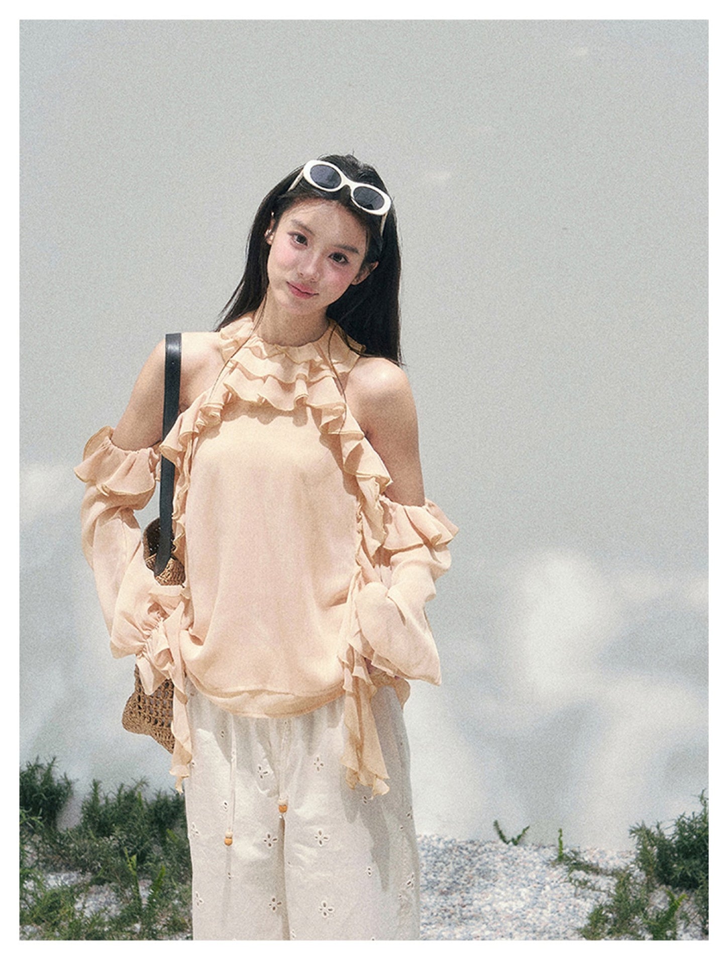 少也眼 “Heidi Heiress” Light Sand Sheer Ruffle Top 142