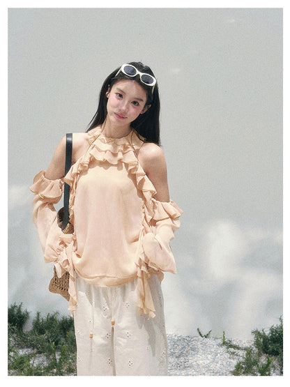 少也眼 “Heidi Heiress” Light Sand Sheer Ruffle Top 142