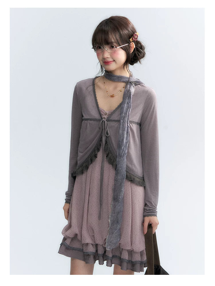 "Misty Lavender Reverie" Vintage Floral Lace Trim Midi Slip Dress