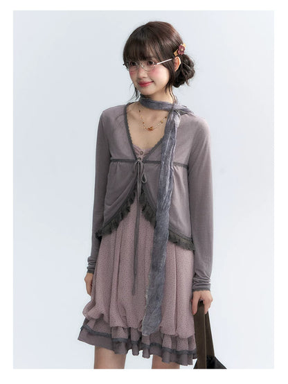 "Misty Lavender Reverie" Vintage Floral Lace Trim Midi Slip Dress